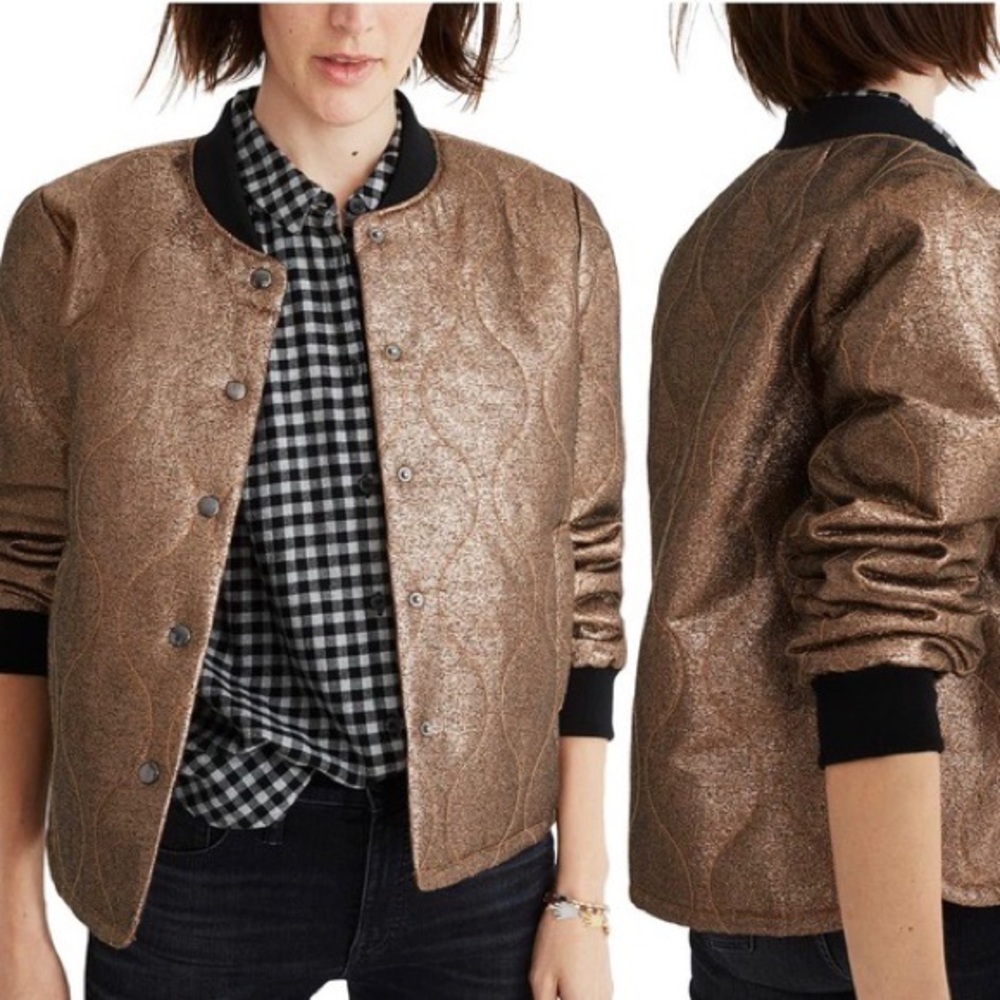 Women’s Madewell Quilted Gold Sparkly Bomber Cropped Jacket, Size S